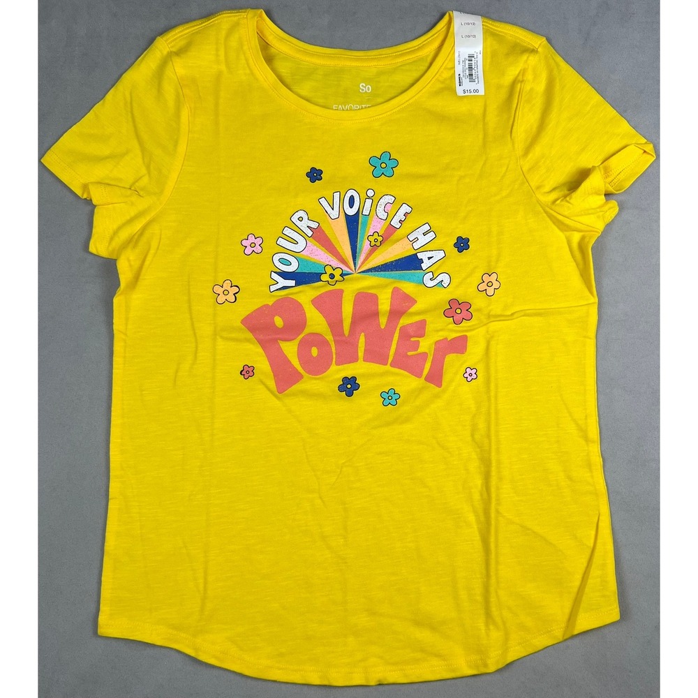 SO Girls Yellow Your Voice Has Power Graphic Tee Shirt Large 10/12 NWT